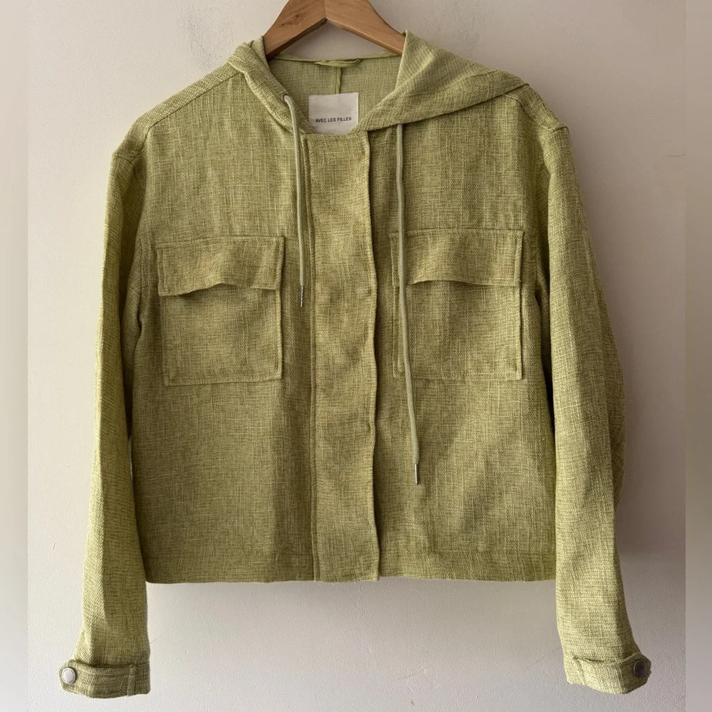 Avec Les Filles Sage Green Boxy Shirt Hoodie Jacket Woven Anthropologie - Picture 1 of 9